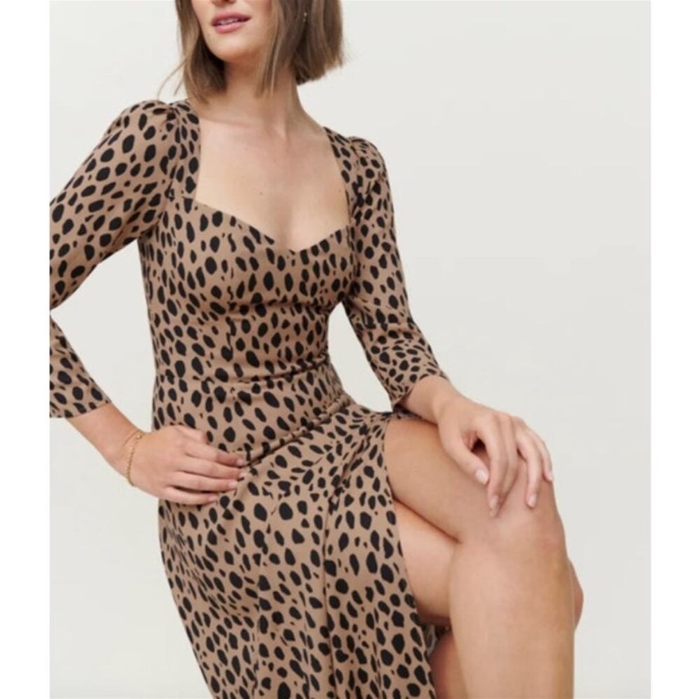 REFORMATION Dress Size 6 Leopard Print Midi Tan Smocked Tie Back